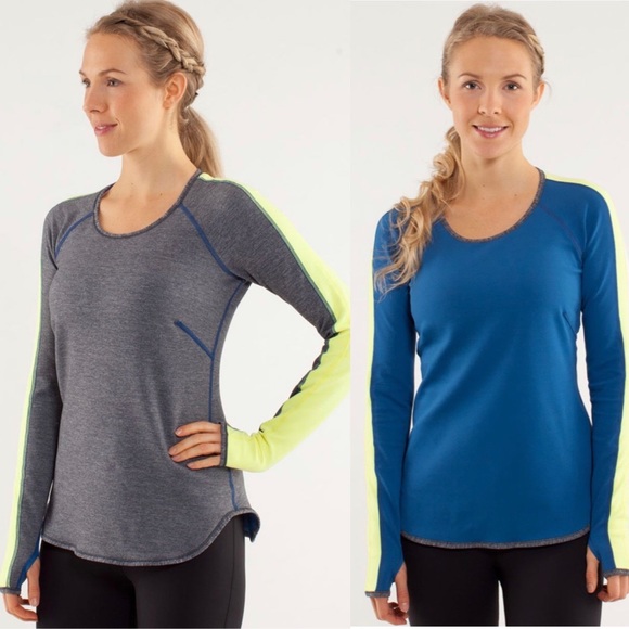 Lululemon Runder Under Long Sleeve Limitless Blue Heathered Coal Clarity Yellow - Picture 2 of 16